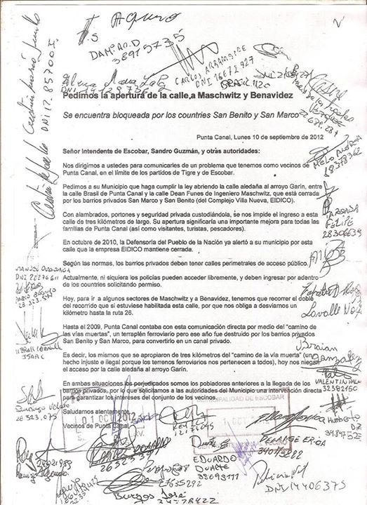 Nota de vecinos de Punta Canal al Municipio de Escobar reclamándole que haga abrir la calle perimetral.